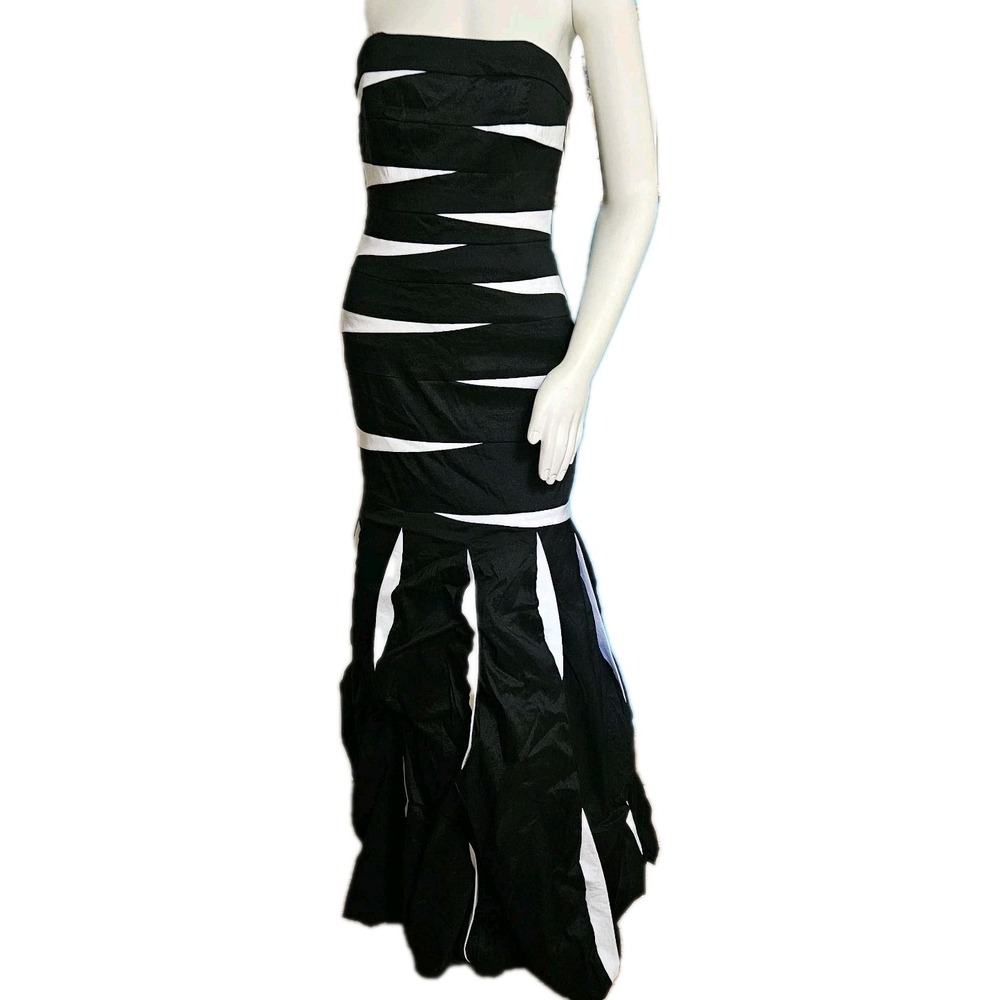 Vtg 80s Jessica Mcclintock Black & White Strapless Scrunch Mermaid Dress Gown